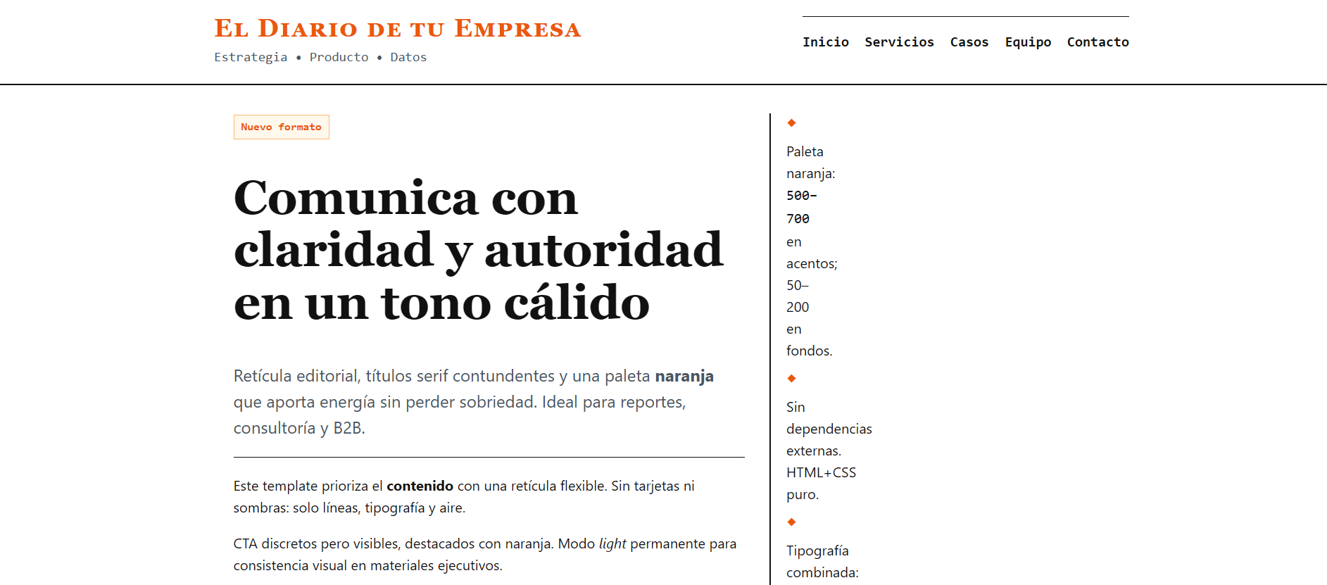Landing editorial con acento naranja